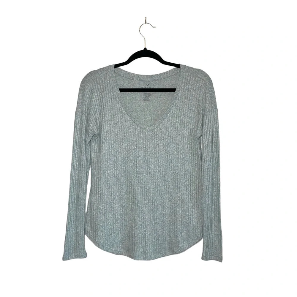 American Eagle Soft & Sexy Rib Top Light Green V-neck Long Sleeve Small Women’s